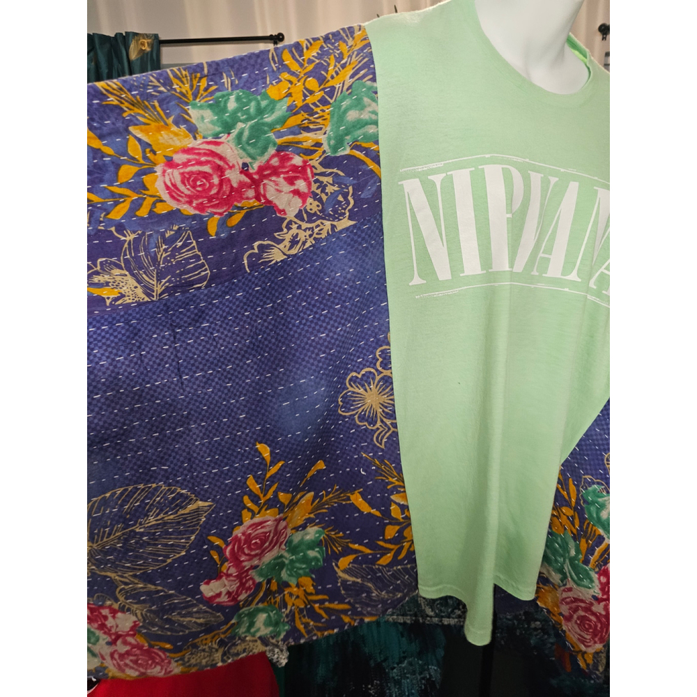 Nirvana Graphic T-Shirt upcycled with Kantha quilted Arms,, Size up to 2xl - Picture 3 of 4